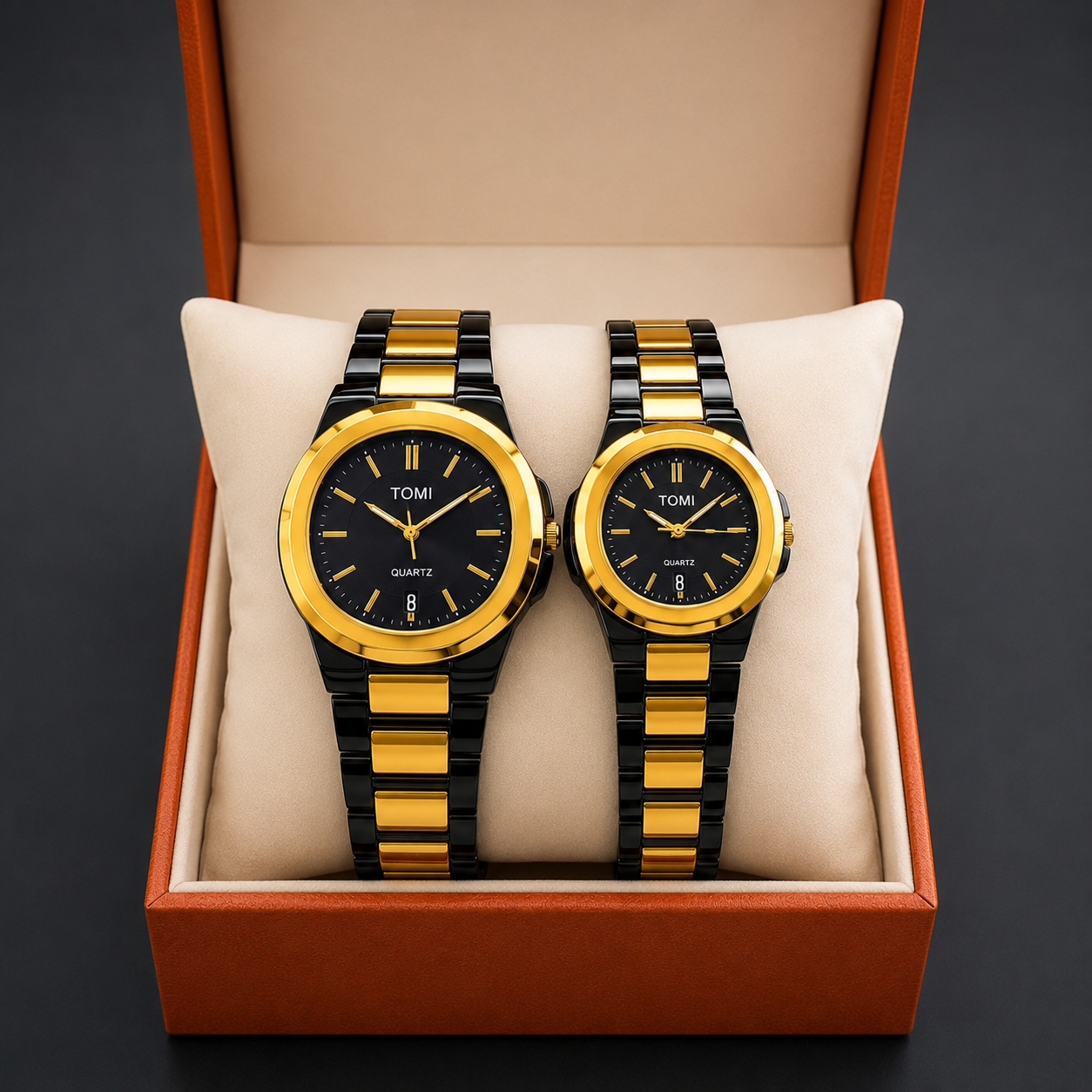 TOMI Couple Quartz Watch | Gold & Black Luxury Set