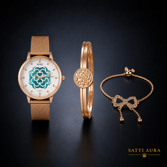 LEKE Women's Rose Gold Watch Set with Bracelet & Bow Charm Gift