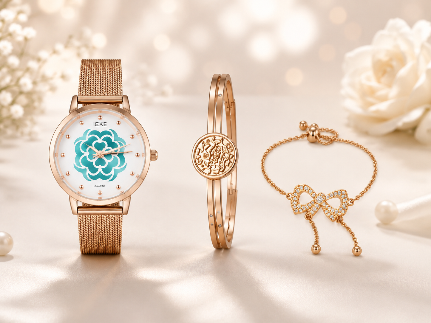 LEKE Women's Rose Gold Watch Set with Bracelet & Bow Charm Gift
