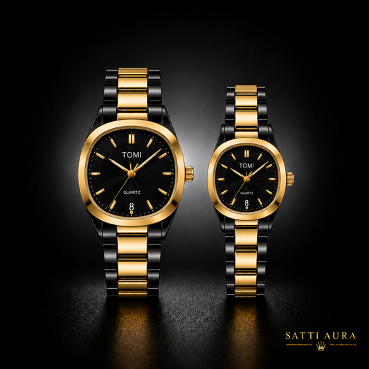 TOMI Couple Quartz Watch | Gold & Black Luxury Set