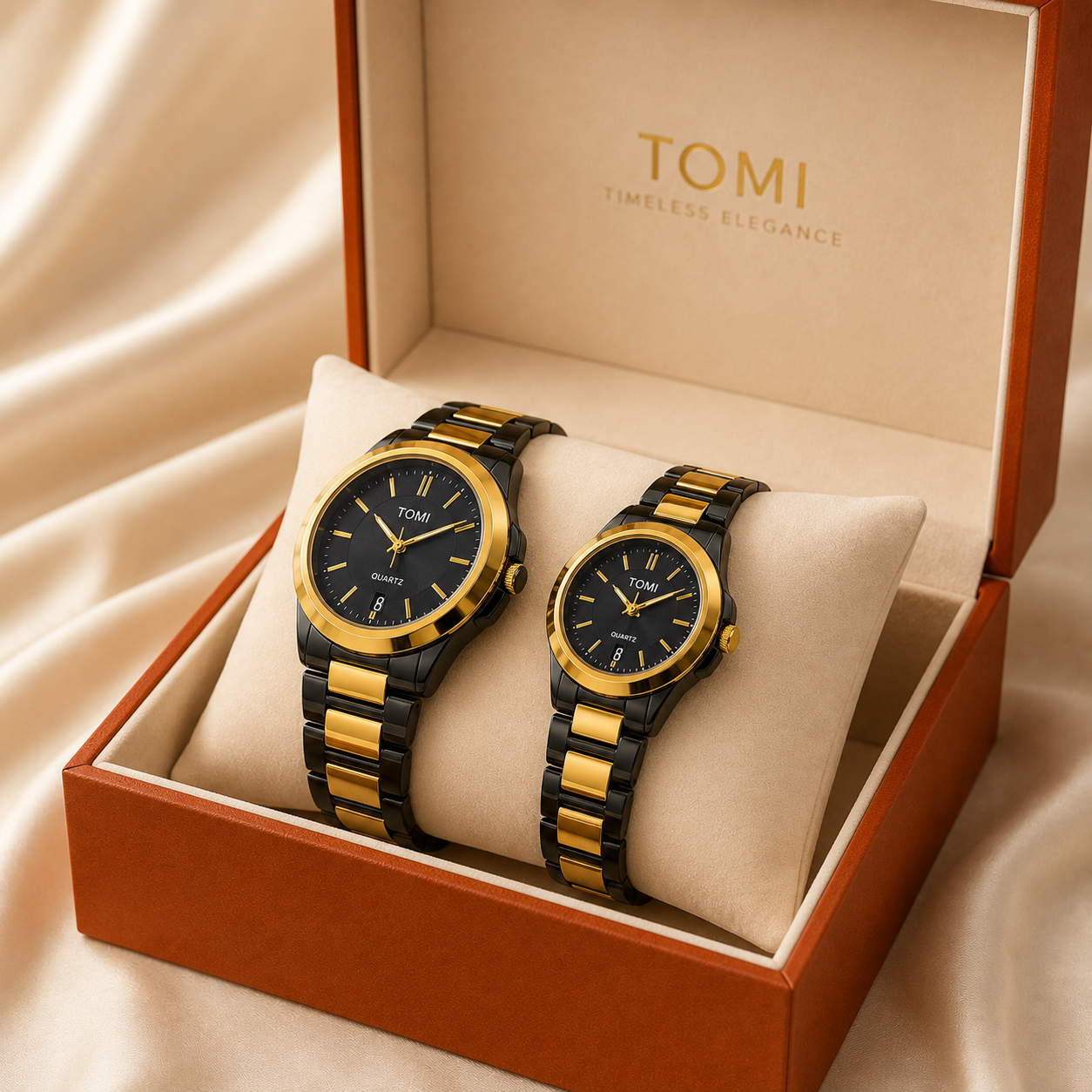 TOMI Couple Quartz Watch | Gold & Black Luxury Set