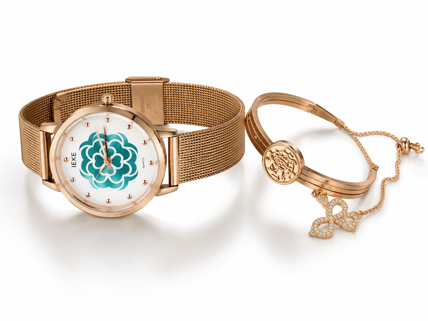 LEKE Women's Rose Gold Watch Set with Bracelet & Bow Charm Gift