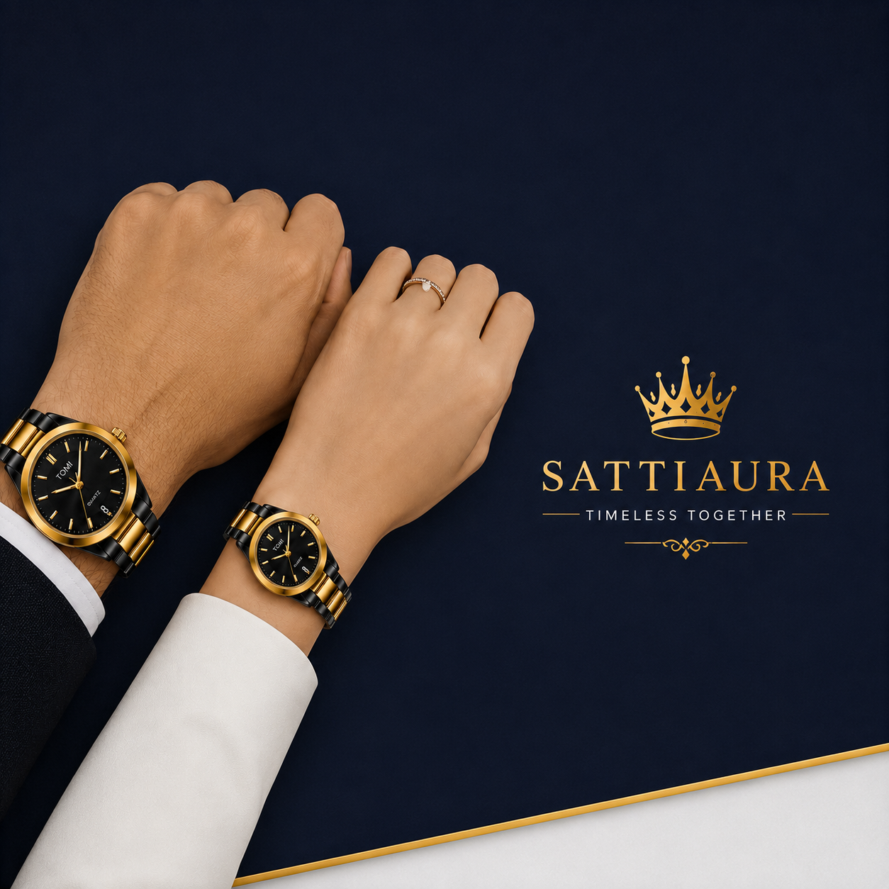TOMI Couple Quartz Watch | Gold & Black Luxury Set